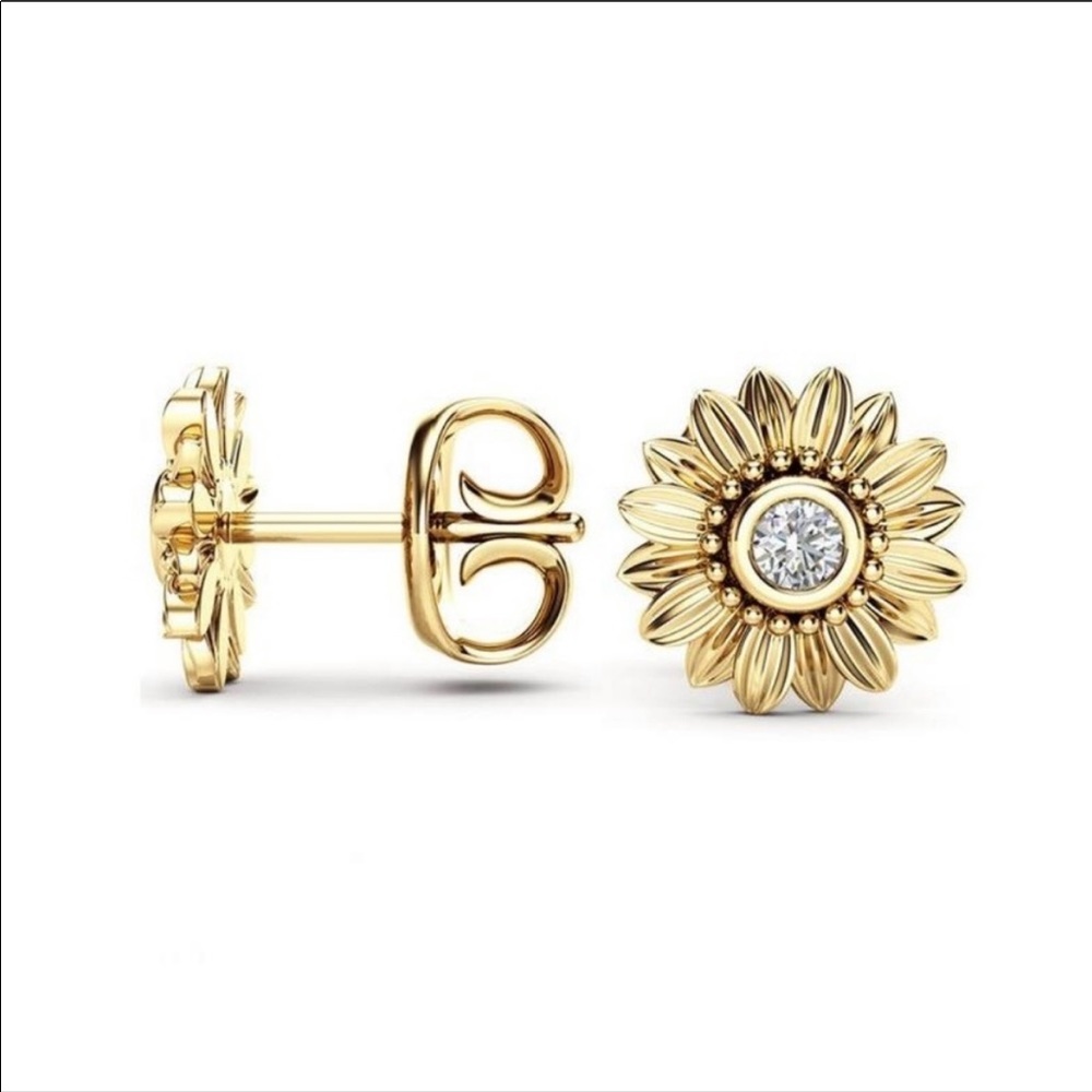 18K YELLOW GOLD DIAMOND SUNFLOWER STUD EARRINGS - Picture 2 of 3